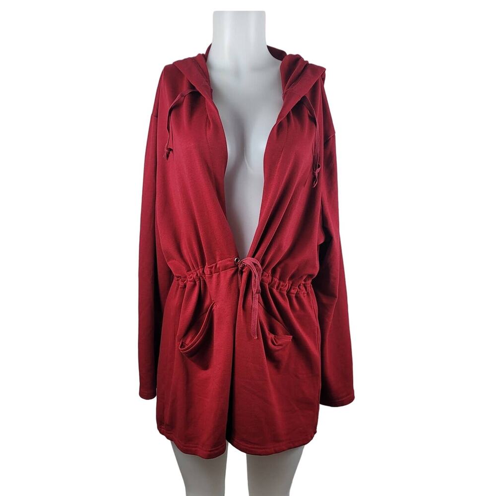 Measeor Red Open Waist Tie Front Pockets Hooded Jacket XXL